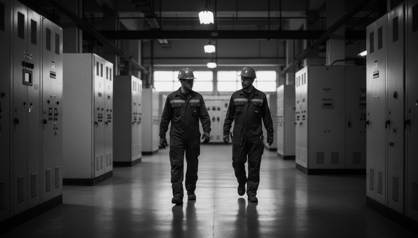 Two engineers walking between switchboards in a plant room.
