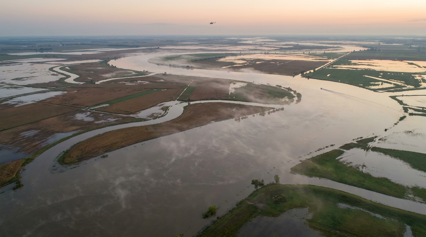 Flooded river plain at dawn with a rescue helicopter overhead and a boat crossing the water.