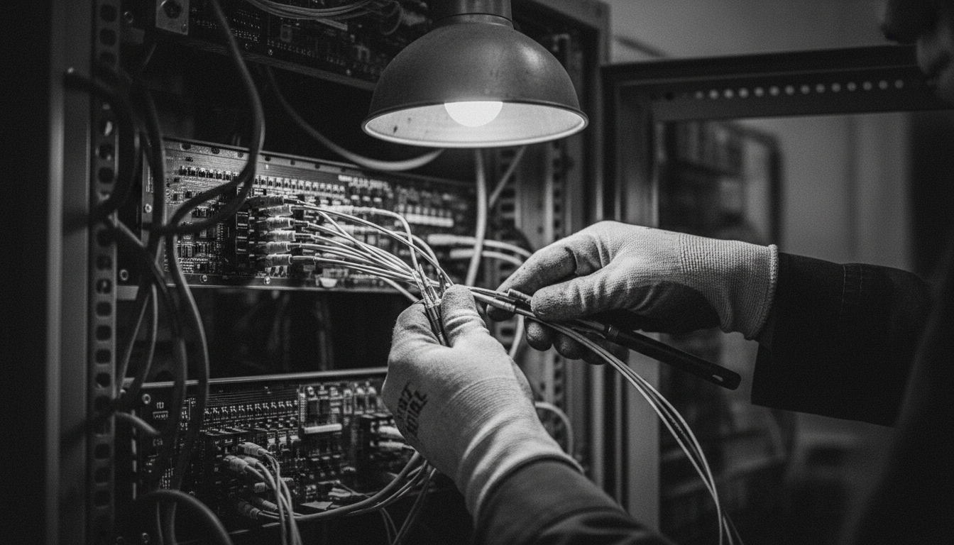 Gloved hands terminating fibre optic cables inside an equipment rack.