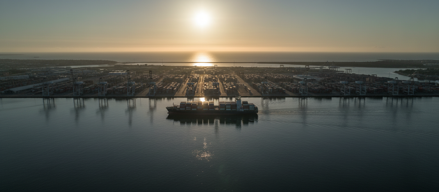 Container ship arriving at an Australian port at dawn.